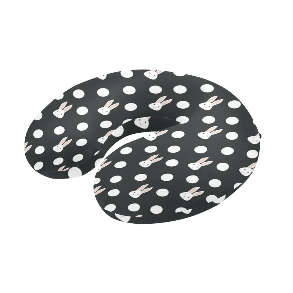Cute white rabbit polka dots black background U-Shaped Travel Neck Pillow