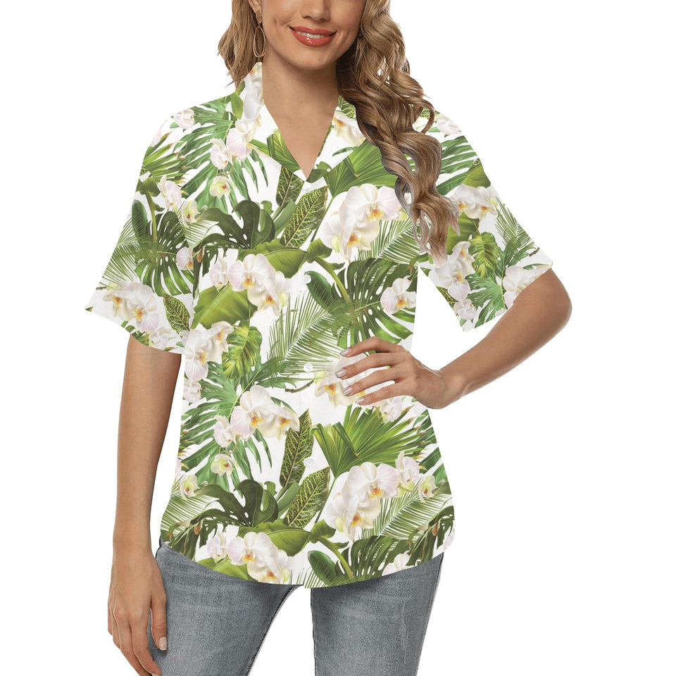 White orchid flower tropical leaves pattern Women's All Over Print Hawaiian Shirt