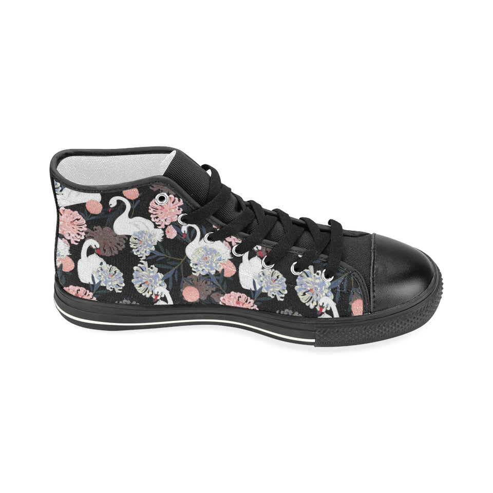 white swan blooming flower pattern Women's High Top Canvas Shoes Black