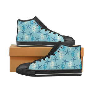 Blue starfish coral reef pattern Women's High Top Canvas Canvas Shoes Black