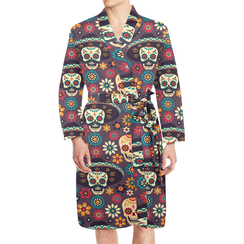 Sugar skulls flower maxican pattern Men's Long Sleeve Belted Night Robe