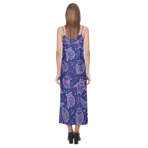 Cute owls pattern boho style ornament V-Neck Open Fork Long Dress