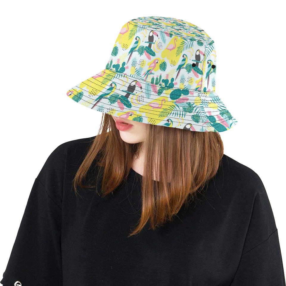 Cute parrot toucan flamingo cactus exotic leaves p Unisex Bucket Hat