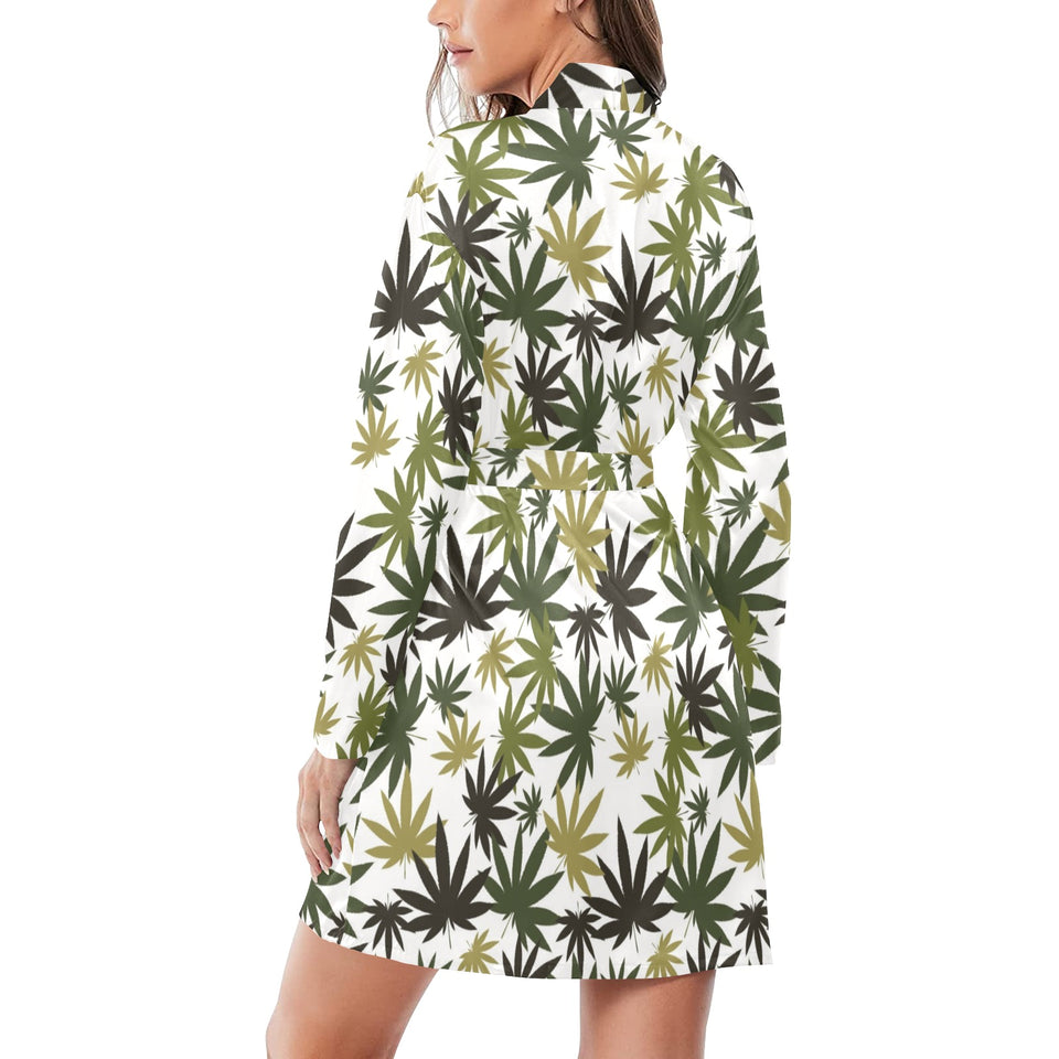 Canabis Marijuana Weed Pattern Print Design 05 Women's Long Sleeve Belted Night Robe