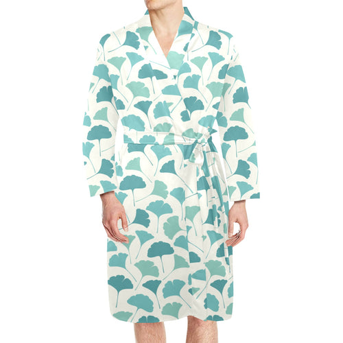 Green ginkgo leaves pattern Men's Long Sleeve Belted Night Robe
