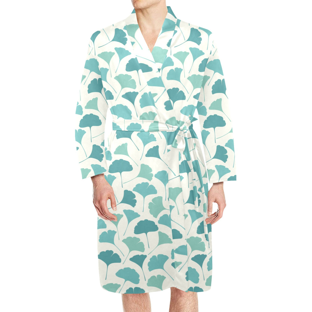 Green ginkgo leaves pattern Men's Long Sleeve Belted Night Robe