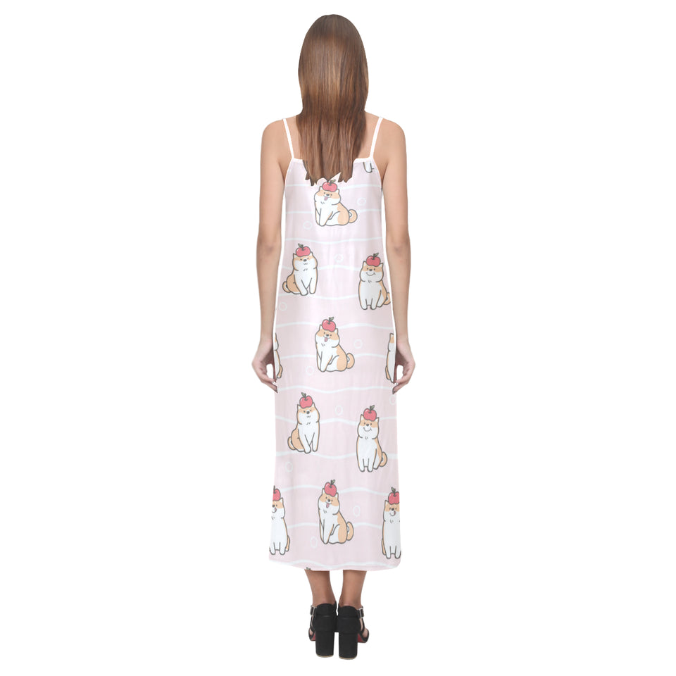 Cute Shiba Inu Dog Apple pattern V-Neck Open Fork Long Dress