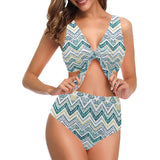 zigzag chevron paint design pattern Chest Bowknot High Waisted Bikini Swimsuit