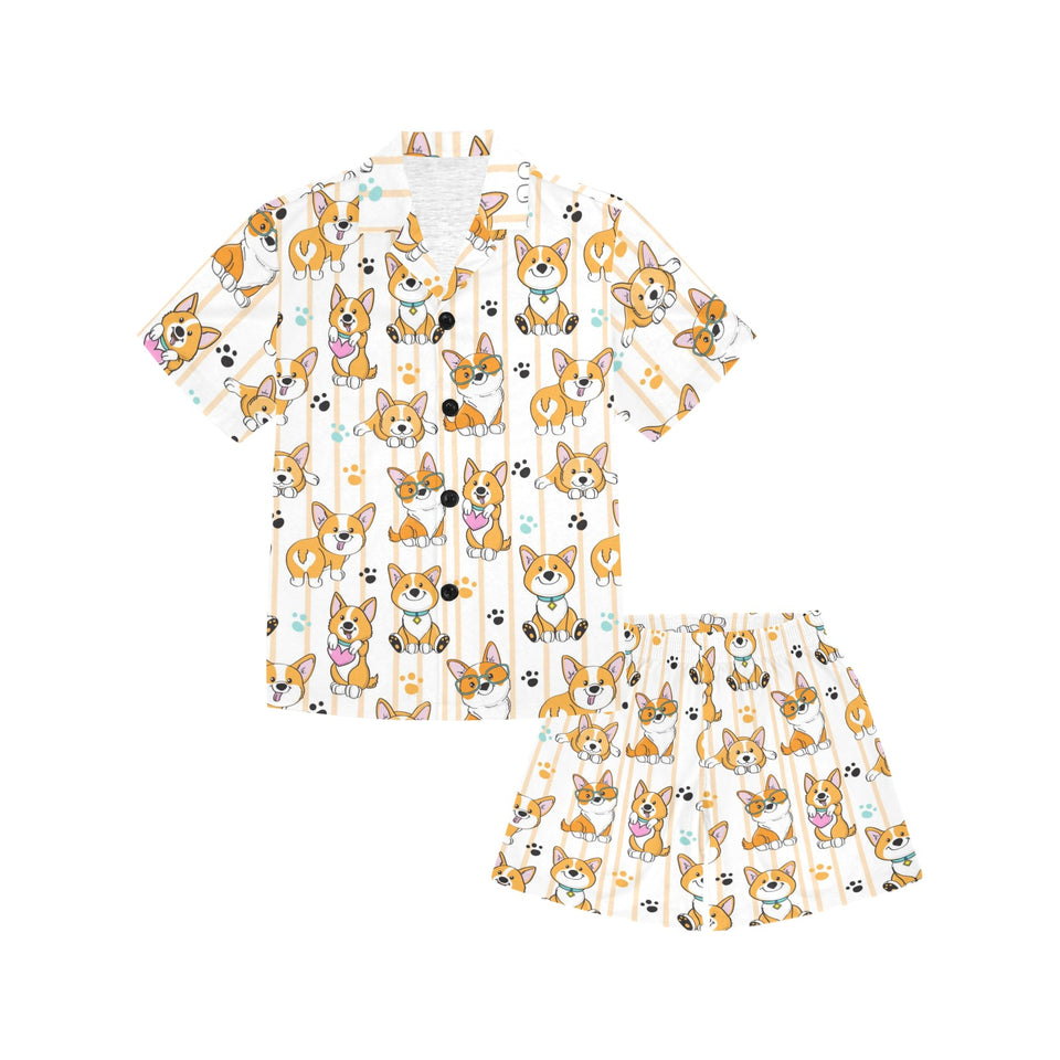 Cute dog corgi striped background pattern Kids' Boys' Girls' V-Neck Short Pajama Set