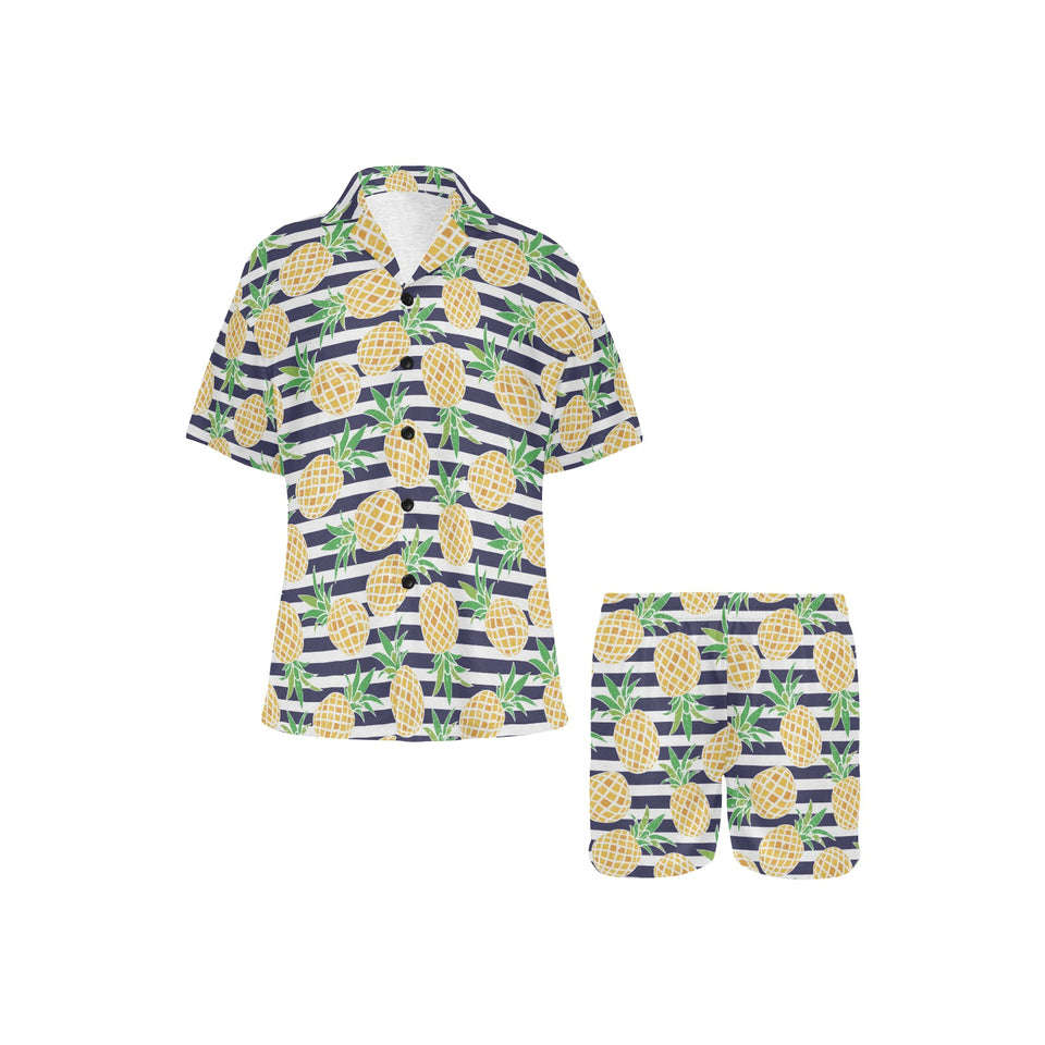 Pineapples pattern striped background Women's V-Neck Short Pajama Set