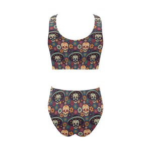 Sugar skulls flower maxican pattern Chest Bowknot High Waisted Bikini Swimsuit
