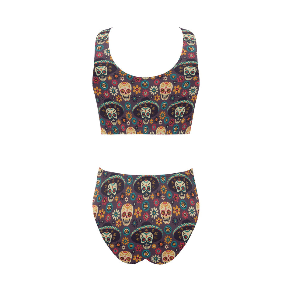 Sugar skulls flower maxican pattern Chest Bowknot High Waisted Bikini Swimsuit