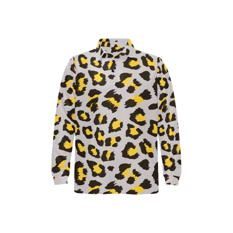 Gray Leopard print pattern Men's Long Sleeve Polo Shirt