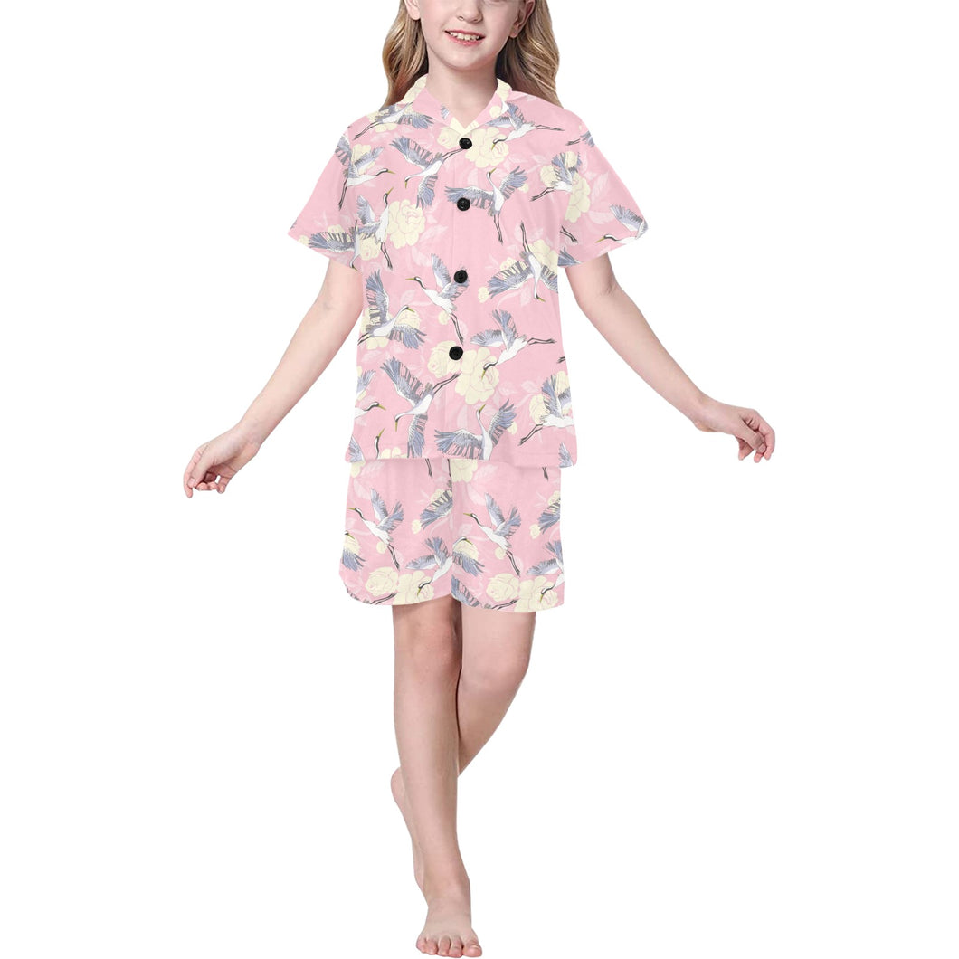 Japanese crane rose pattern Kids' Boys' Girls' V-Neck Short Pajama Set