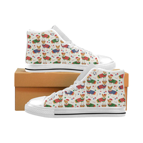 Corgi Christmas Pattern Men's High Top Canvas Shoes White