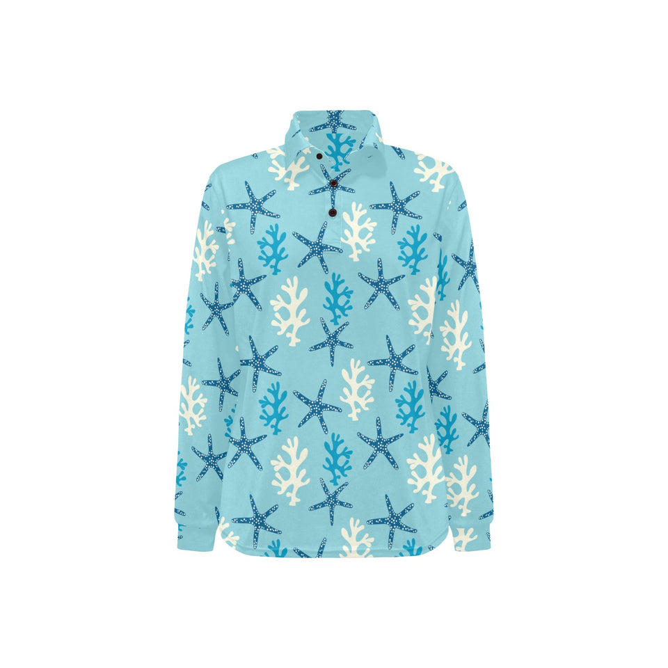 Blue starfish coral reef pattern Women's Long Sleeve Polo Shirt