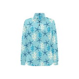 Blue starfish coral reef pattern Women's Long Sleeve Polo Shirt