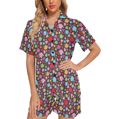 Tea pots Pattern Print Design 01 Women's V-Neck Short Pajama Set