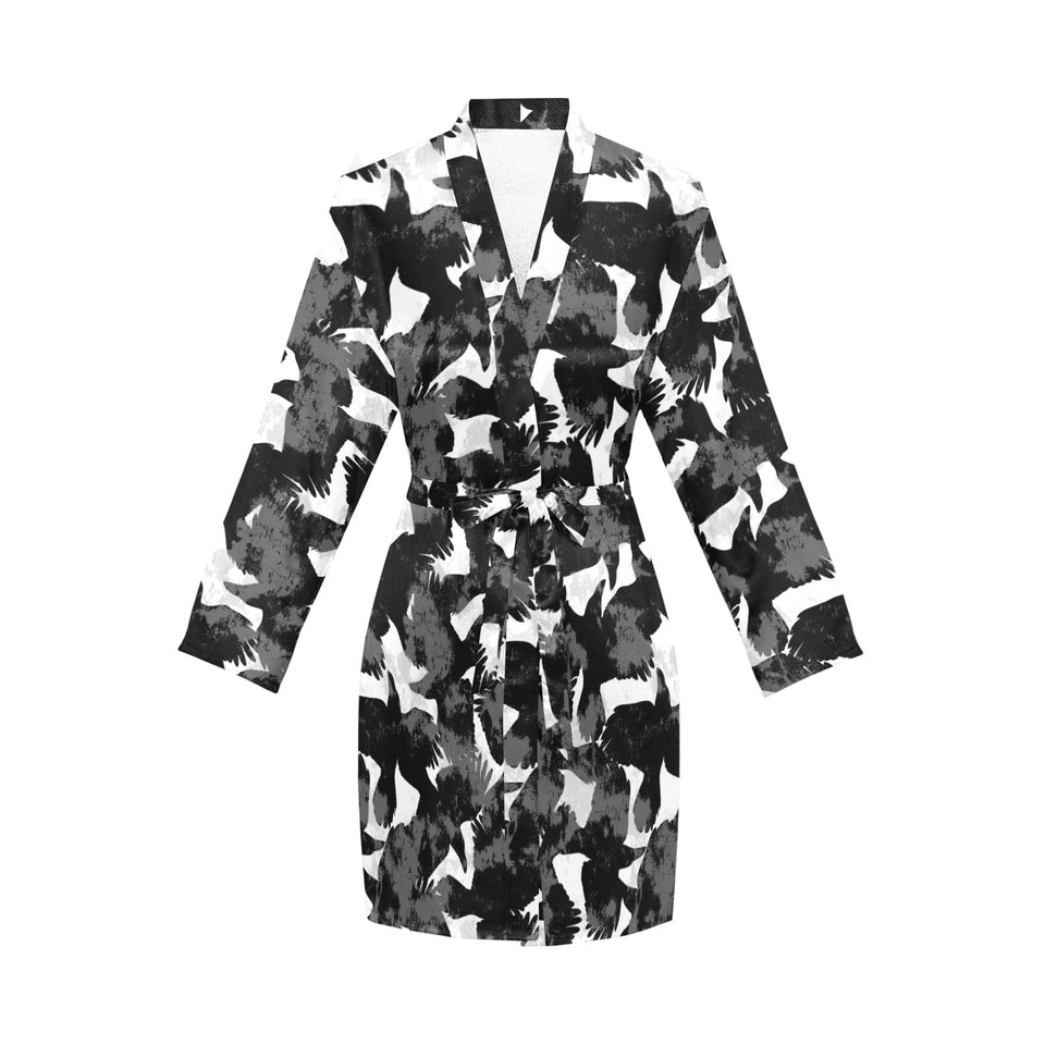 Crow illustration pattern Women's Long Sleeve Belted Night Robe