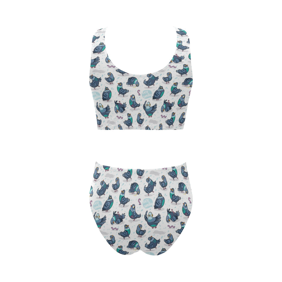 Pigeon Pattern Print Design 02 Chest Bowknot High Waisted Bikini Swimsuit