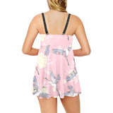 Japanese crane rose pattern Chest Sexy Pleated Two Piece Swim Dress