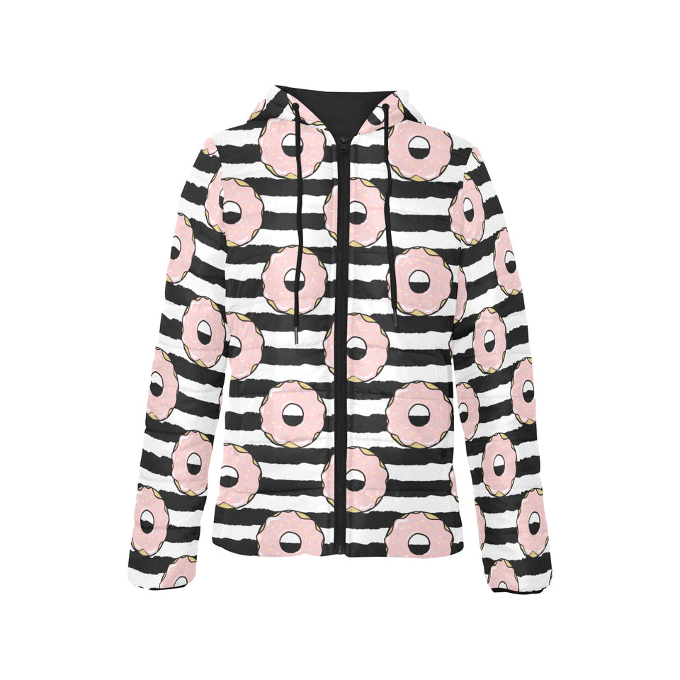 Donuts pink icing striped pattern Women's Padded Hooded Jacket