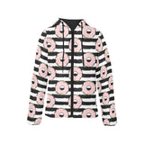 Donuts pink icing striped pattern Women's Padded Hooded Jacket