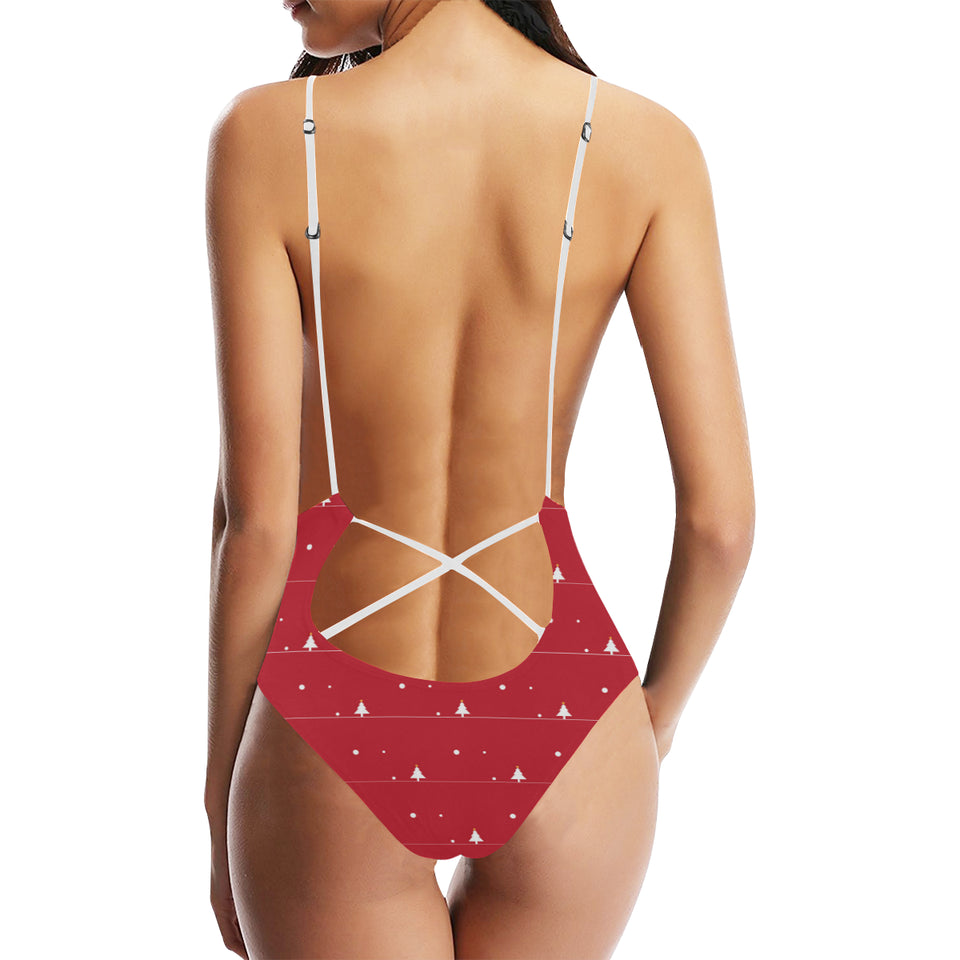 Christmas tree star snow red background Women's One-Piece Swimsuit