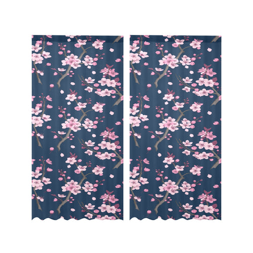 Pink sakura cherry blossom blue background Gauze Curtain