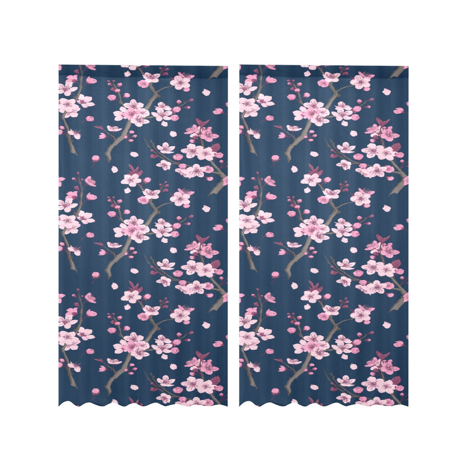 Pink sakura cherry blossom blue background Gauze Curtain