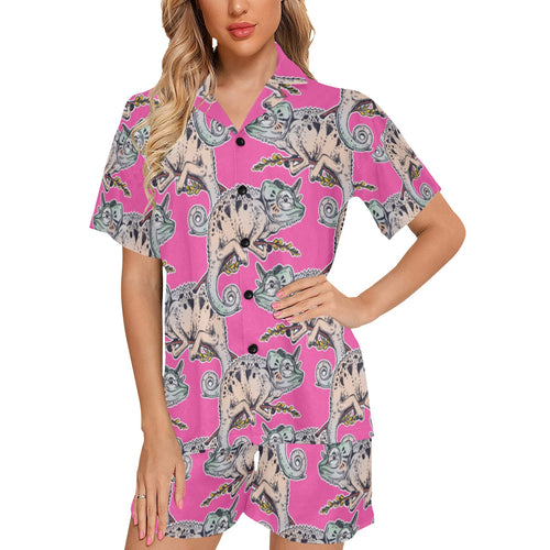 Chameleon lizard pattern pink background Women's V-Neck Short Pajama Set