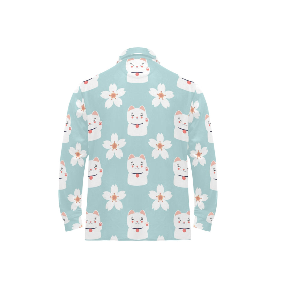Maneki neko cat sakura Men's Long Sleeve Polo Shirt
