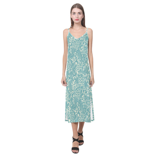 Classic Hand drawn Grape pattern V-Neck Open Fork Long Dress