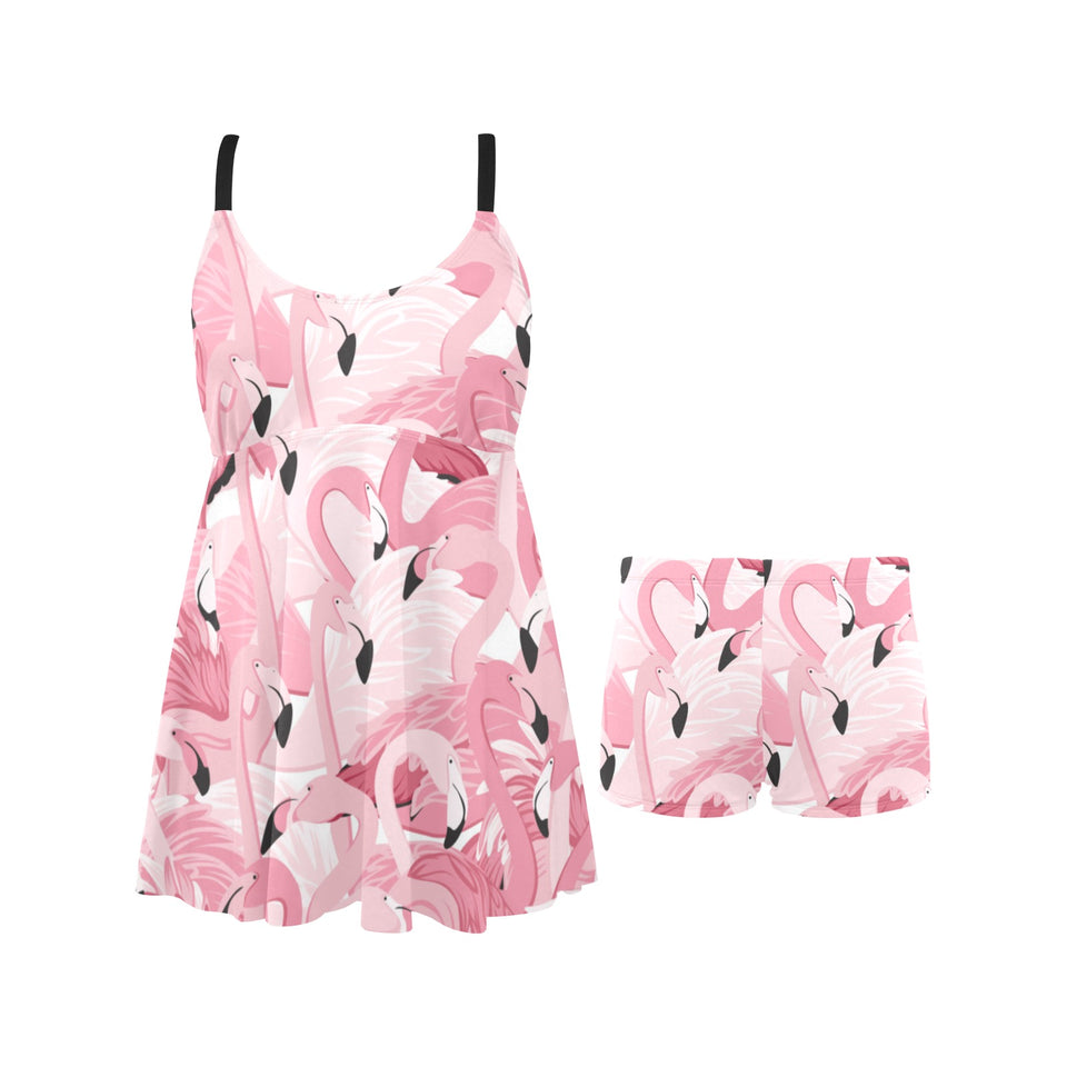 Pink flamingos pattern background Chest Sexy Pleated Two Piece Swim Dress