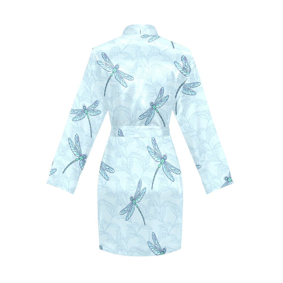 Dragonfly pattern blue background Women's Long Sleeve Belted Night Robe