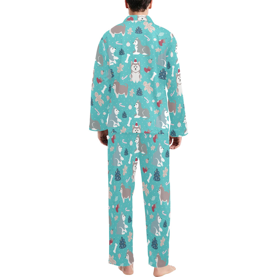 Christmas cute siberian husky puppie pattern Men's Long Pajama Set