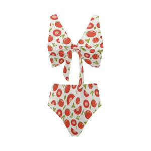 Tomato pattern Chest Bowknot High Waisted Bikini Swimsuit