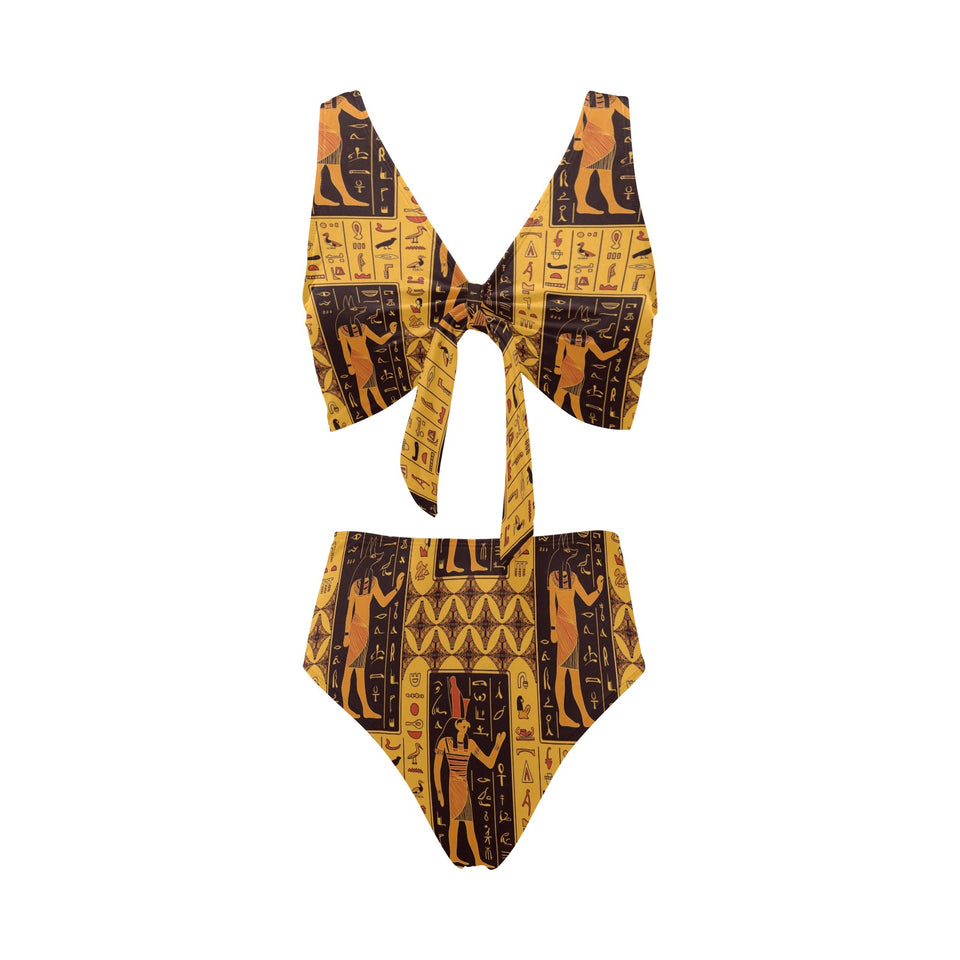 Egypt Hieroglyphics Pattern Print Design 05 Chest Bowknot High Waisted Bikini Swimsuit