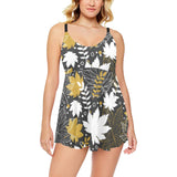 Beautiful gold autumn maple leaf pattern Chest Sexy Pleated Two Piece Swim Dress