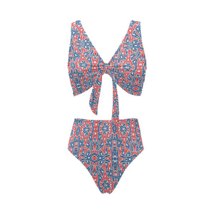 Blue Red Eiffel Tower Pattern Print Design 02 Chest Bowknot High Waisted Bikini Swimsuit