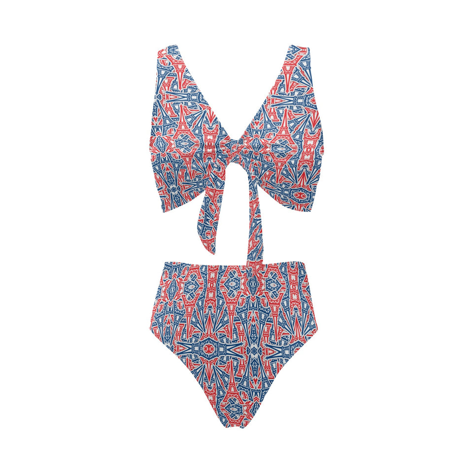 Blue Red Eiffel Tower Pattern Print Design 02 Chest Bowknot High Waisted Bikini Swimsuit