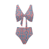 Blue Red Eiffel Tower Pattern Print Design 02 Chest Bowknot High Waisted Bikini Swimsuit