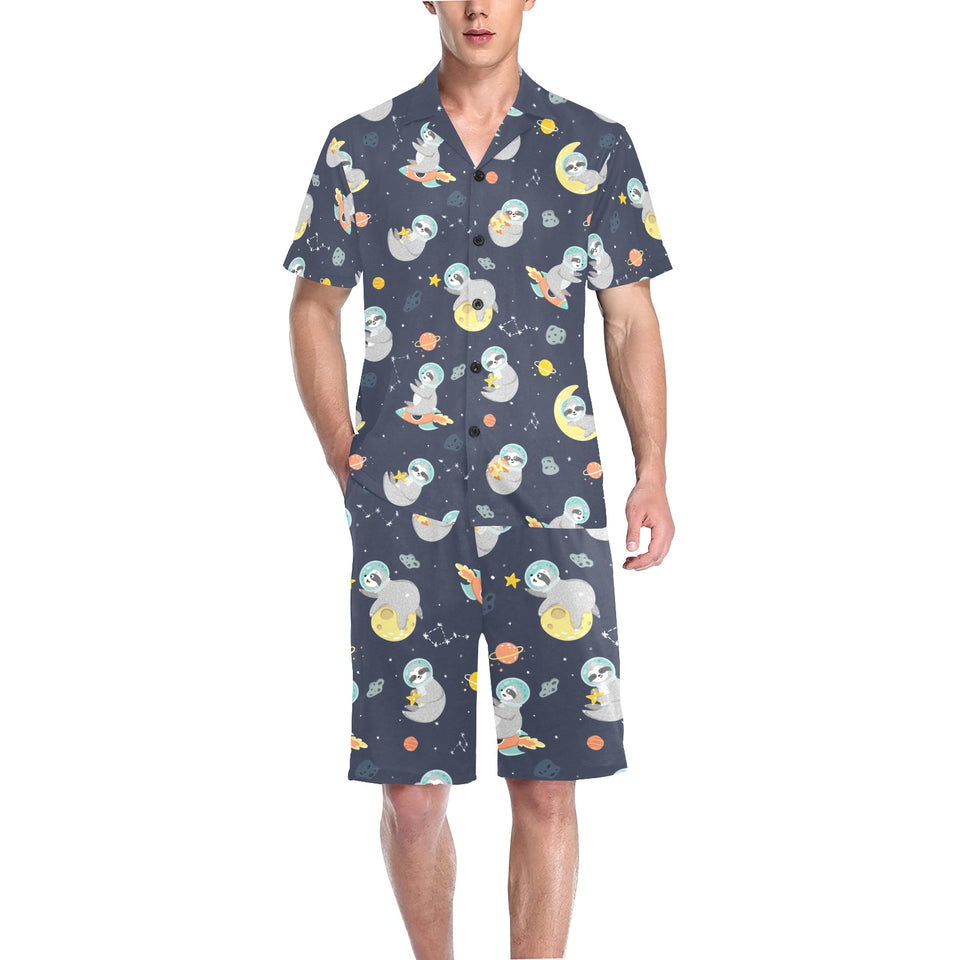 Cute sloth astronaut star planet rocket pattern Men's V-Neck Short Pajama Set