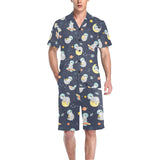 Cute sloth astronaut star planet rocket pattern Men's V-Neck Short Pajama Set