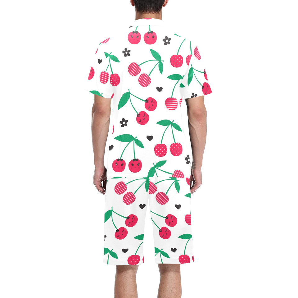 cherry pattern white background Men's V-Neck Short Pajama Set