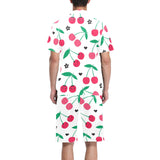 cherry pattern white background Men's V-Neck Short Pajama Set