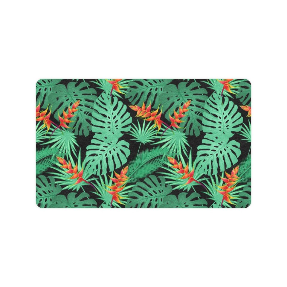 heliconia flower palm monstera leaves black backgr Doormat