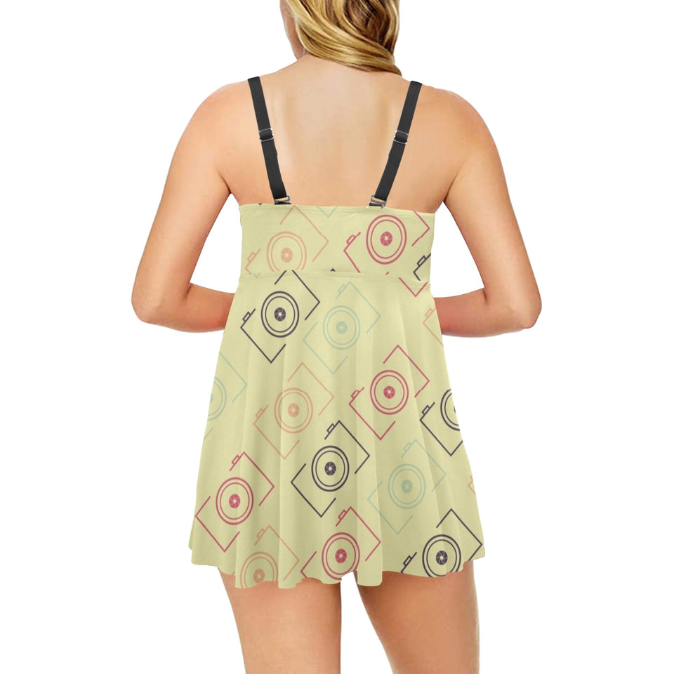 Camera Pattern Print Design 01 Chest Sexy Pleated Two Piece Swim Dress
