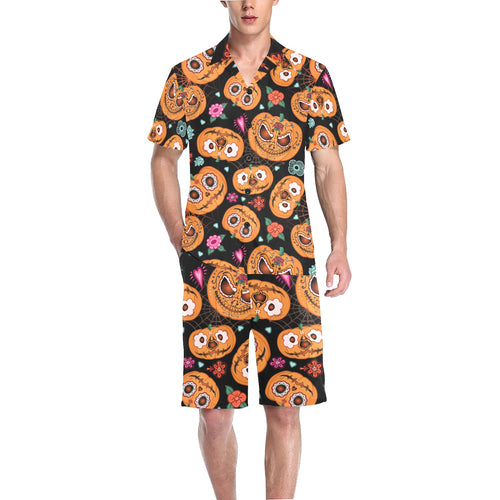 Pumpkin flowers spiderweb Halloween theme Men's V-Neck Short Pajama Set