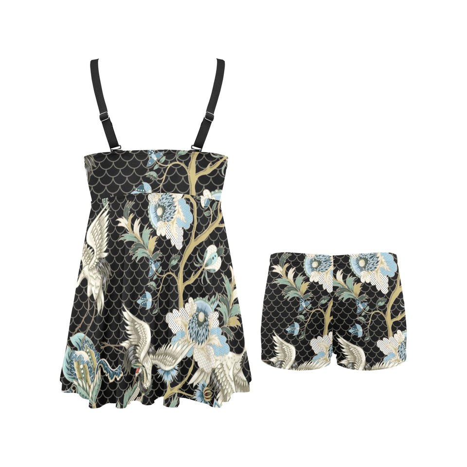 Japanese crane ornament elements Chest Sexy Pleated Two Piece Swim Dress